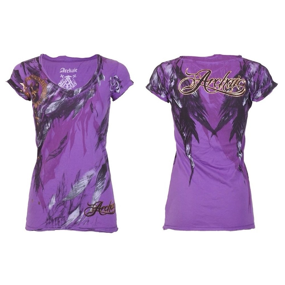 Archaic AFFLICTION Women's T-Shirt SECOND LOVE Feathers PURPLE Tattoo Biker $40